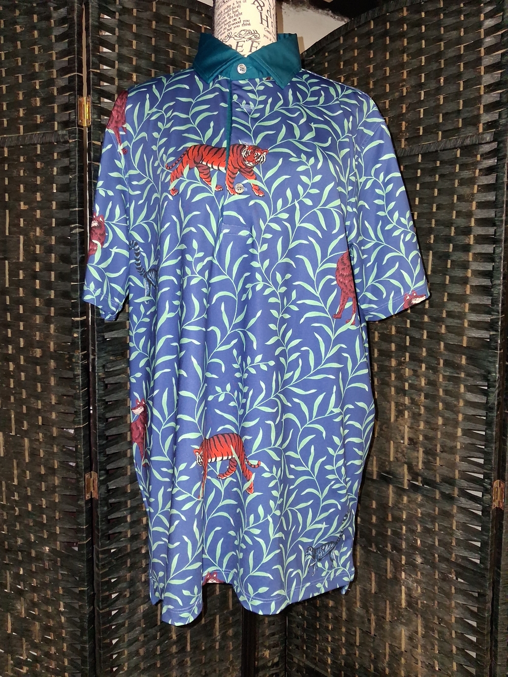 Greyson Blue Polo with Green Vine and Orange Tiger Print